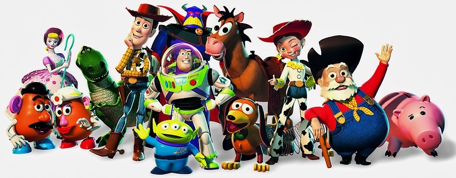 Todos os personagens de brinquedo da série de filmes Toy Story estão juntos como que posando para uma foto: lá estão o cowboy, o pouquinho, a bailarina, o burro, o astronauta e o velho cowboy - todos em pose e sorridentes.