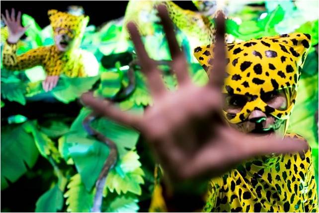 Bloco carnavalesco onde usam muitos adereços como folhas de bananeira e um folião vestido de onça pintada expõe sua mão como se fôsse uma garra.