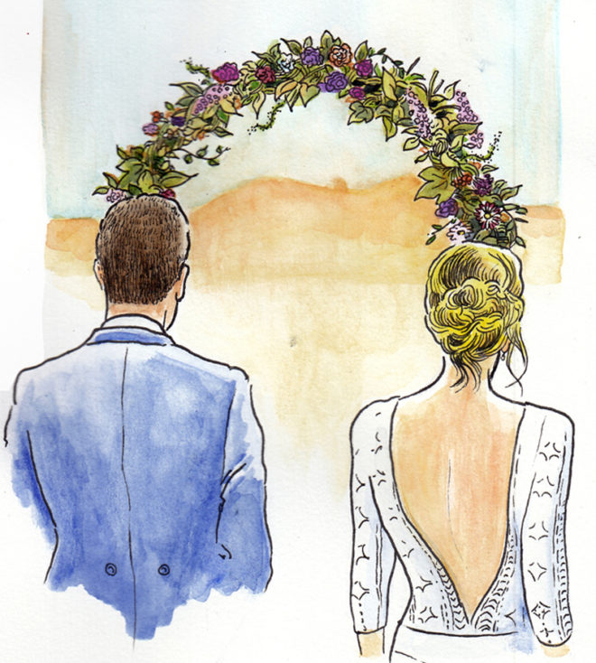 a imagem mostra um casal de noivos de costas desenhado com uma praia ao fundo e parados sob um arco de flores. Ela loira de que e ele de terno marinho e cabelos castanhos