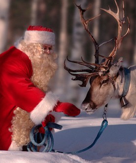Papai Noel, usando seus trajes vermelhos com detalhes em branco, está numa selva totalmente coberta por neve, está na Lapônia, Finlandia, e está dando comida a um animal Alce com amplos chifres e usa arreios.