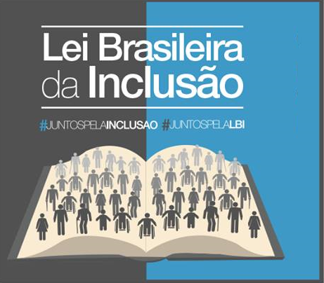 Logotipo da Lei Brasileira da Inclusão, na imagem com um fundo cinza escuro a esquerda e azul a direita sobre eles um livro aberto , com muitos símbolos de pessoas e no topo em letras grandes está escrito Lei Brasileira da Inclusão, na cor branca