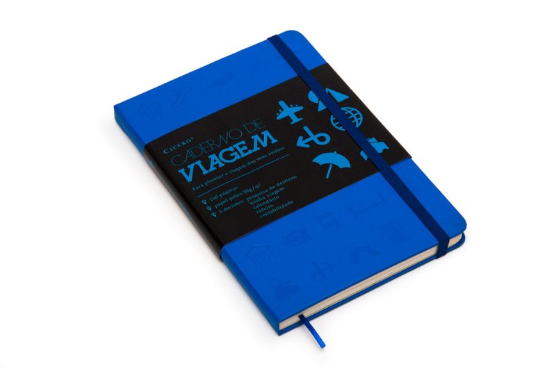 Caderno de capa azul estilo caderneta de anotações.