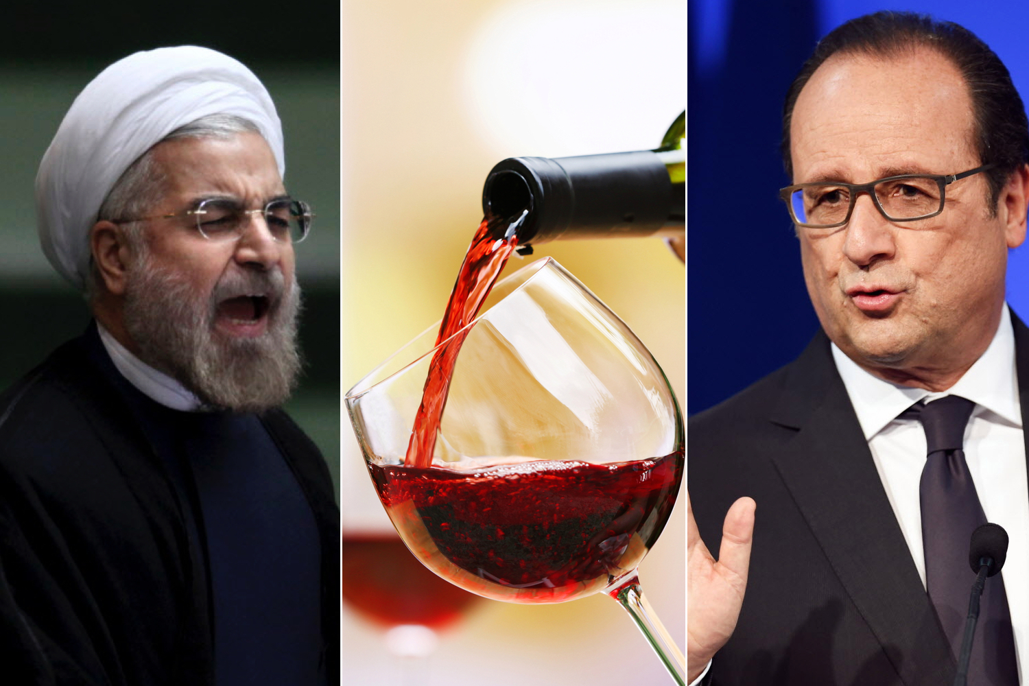 Presidente François Hollande da França a esquerda, ao centro uma garrafa de vinho tinto servindo uma taça com vinho tinto com uma garrafa de vinho e a esquerda Houhani, Presidente do Iran,