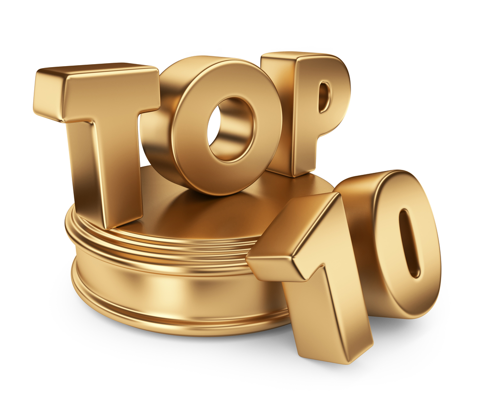 Troféu dourado, TOP escrito sobre uma base também dourada, e ao lado o número 10, dourado, junto a base.
